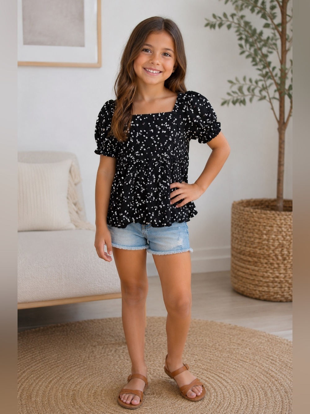 SO Black Floral Puff-Sleeve Square Neck Blouse